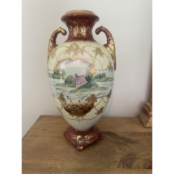 Handmade Other - Vintage Hand Painted Double Handle Ceramic Urn Vase Made In Japan 10.5”T